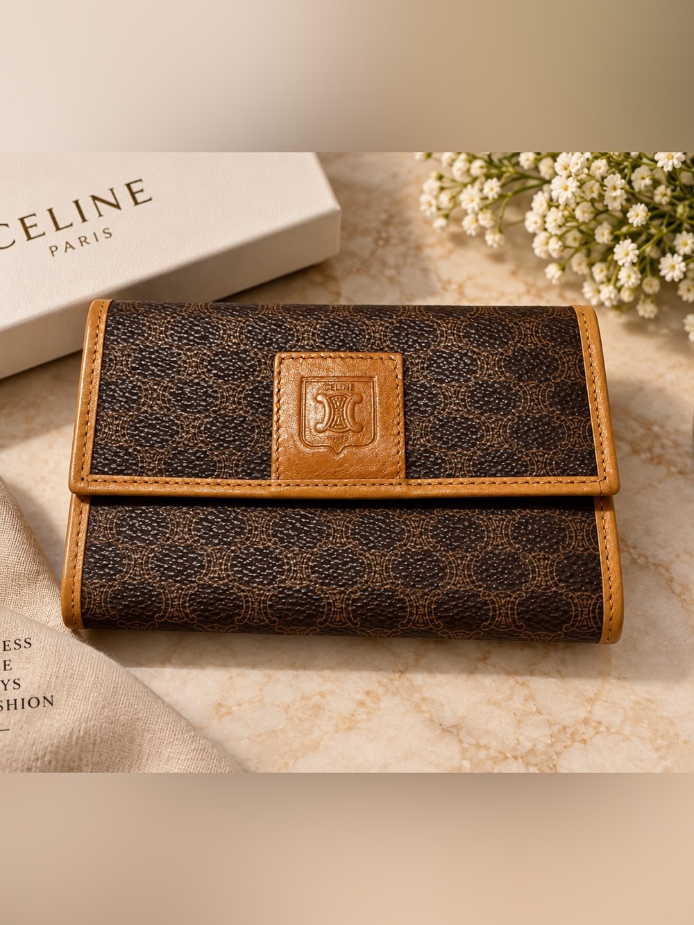 Vintage Celine Macadam Monogram Trifold Wallet Brown Tan